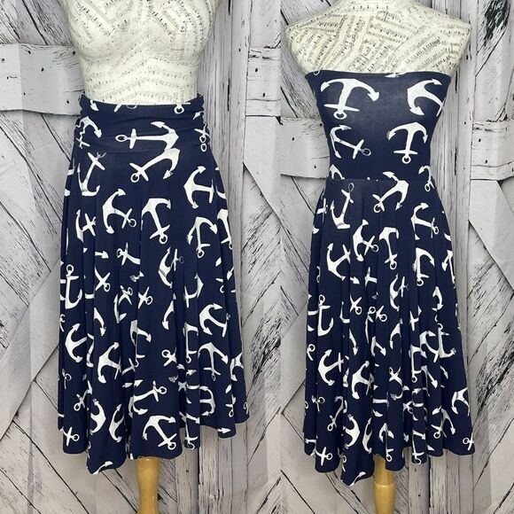 J. Crew Anchor Midi Skirt/Strapless Dress Navy Nautical White Stretch Size S - Picture 1 of 6